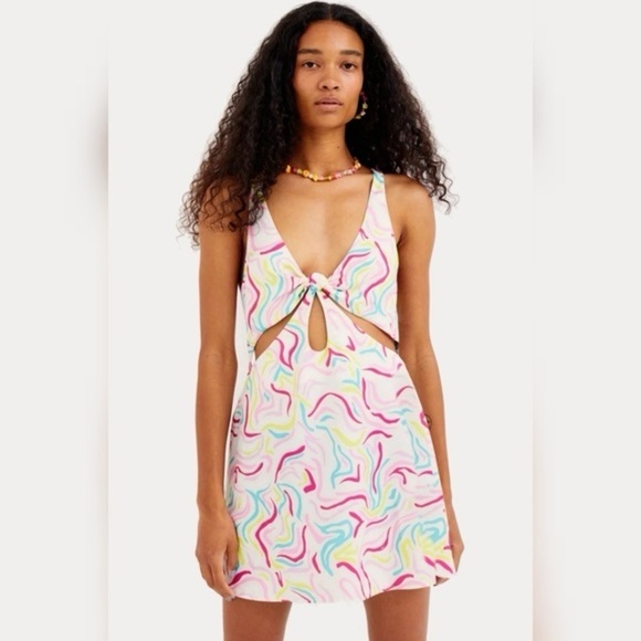 For Love and Lemons Palmer Retro-Print Cutout Satin Mini Dress In White - Picture 1 of 5